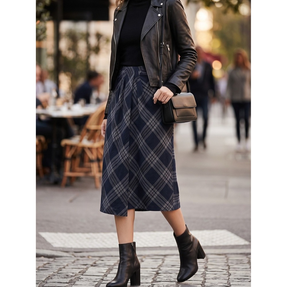 NWT Vince Textured Plaid Drape Twist Wrap Midi Skirt Marine Blue Size 0 $285